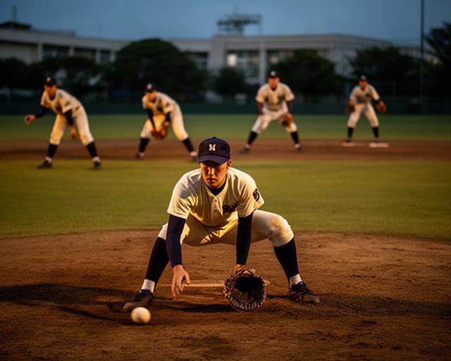 松阪の高校野球部員が夕方のグラウンドで守備練習をする様子