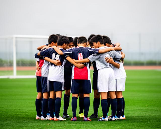 三重県中学生サッカー選抜が芝のピッチで円陣を組む様子