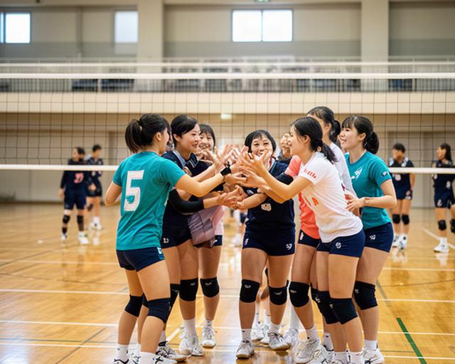 松阪商業高校の女子バレーボール選手が体育館で声を掛け合う様子