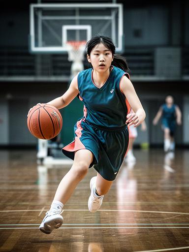 三重県の高校体育館でドリブルする女子バスケットボール選手