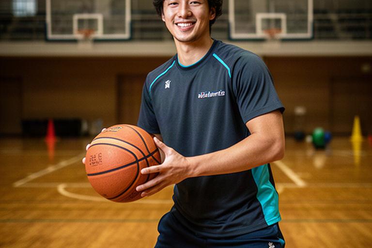 三重県の体育館でバスケットボールを持つBリーグ選手の練習風景
