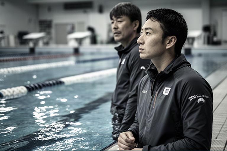 三重県の屋内プールで水面を見つめるパラ水泳選手とコーチ