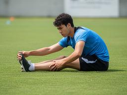 サッカー選手が練習前に芝生の上で脚を伸ばすストレッチ解説用の場面